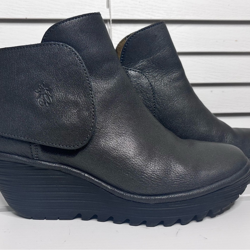 Fly London Dark Gray Leather Ankle Boots